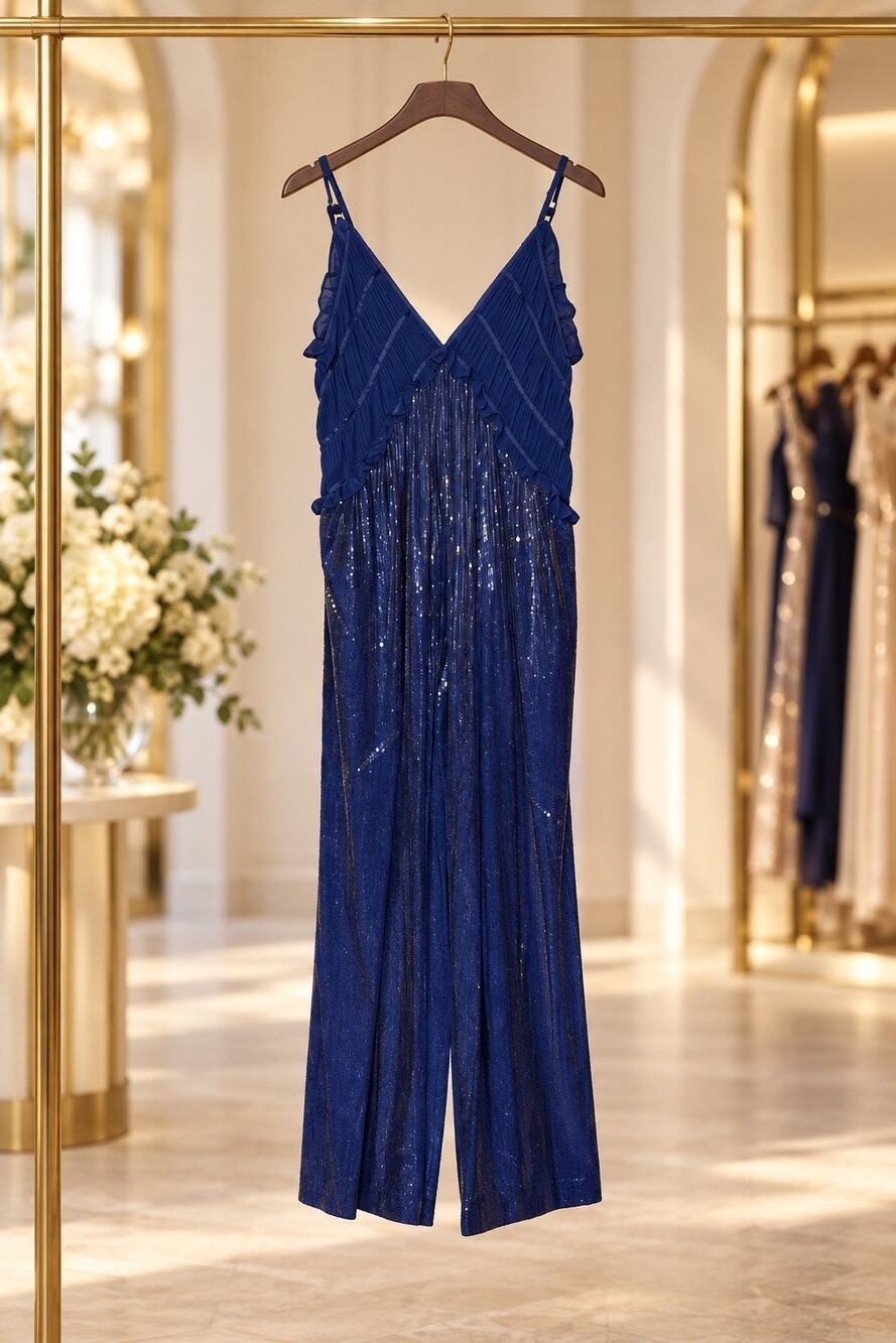Maeve Fluid Shine Sequin Cropped Jumpsuit Sodalite Blue XL NWT Glam Cocktail Fun